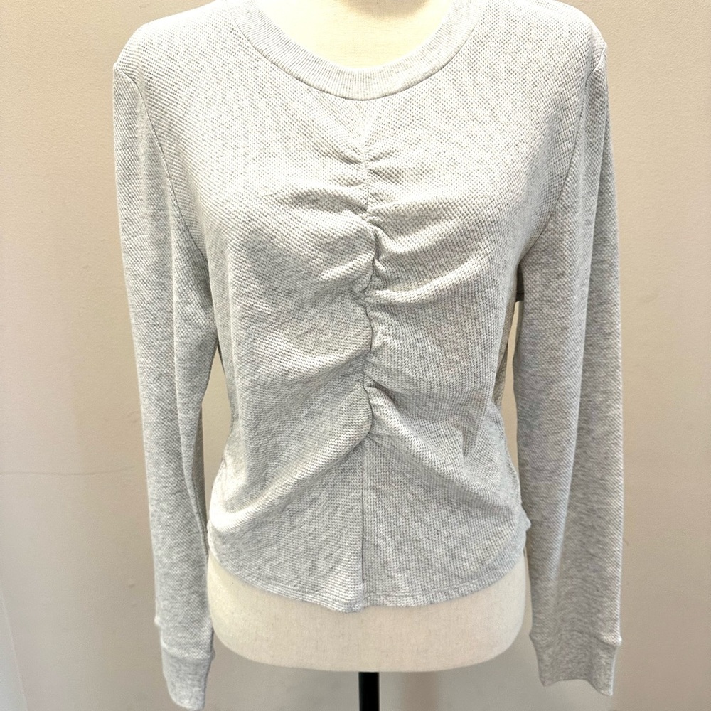 CAbi Light Gray Ruched Long Sleeve Top “Chaser Tee”